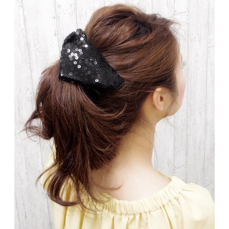 バナナクリップ リボン スパンコール ヘアアクセサリー 黒 ヘア 