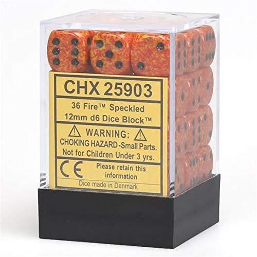 Chessex Dice d6 Sets: Fire Speckled - 12mm Six Sided Die (36) Block of Dice