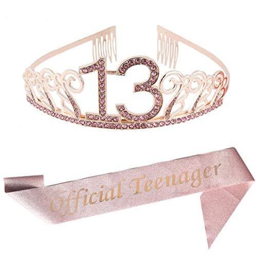 13歳の誕生日ピンクティアラとサッシュピンクグリッターサテンサッシュとクリスタルラインストーンティアラクラウン ハッピー13歳の誕生日パーティー用品