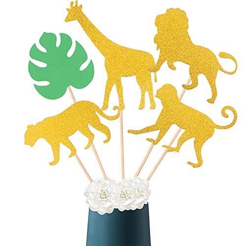 ALISSAR グリッターゴールド両面ジャングルサファリ動物センターピーススティック ジャングルサファリ動物パーティー装飾 動物テーマベビーシャワー
