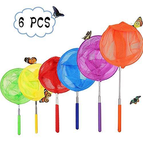 OJYUDD 6個 子供用 伸縮式バタフライネット カラフルな釣りネット 伸縮ポールハンドル付き 魚 蝶 昆虫 テントウムシ 伸縮自在 34インチ[並
