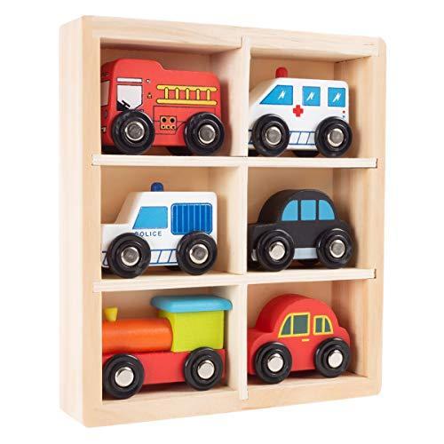 Hey! Play! Wooden Car PlaySet-6-Piece Mini Toy Vehicle Set with Cars, Polic