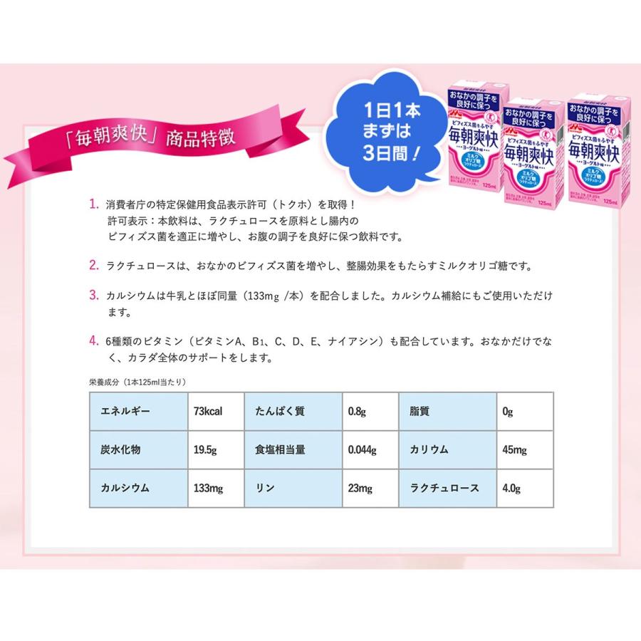 森永乳業 毎朝爽快 ヨーグルト味 125ml紙パック×24本入  特定保健用食品 特保 トクホ ビフィズス菌 送料無料（北海道・東北・沖縄除く｜hakariurisaiyasu｜02