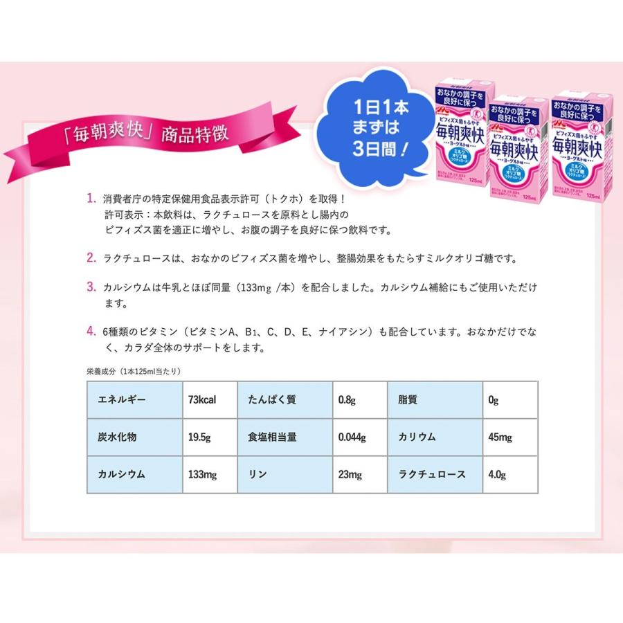 森永乳業 毎朝爽快 ヨーグルト味 125ml紙パック×24本入×2ケース  特定保健用食品 特保 トクホ ビフィズス菌 送料無料（北海道・東北・沖縄除く｜hakariurisaiyasu｜02