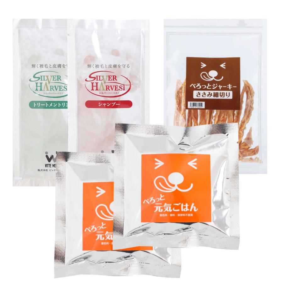 博多ドッグスお試し3点セット【送料無料】ぺろっと元気ごはん100g+ジャーキー40g+シャンプー＆リンス各15ml×1個ずつ | 