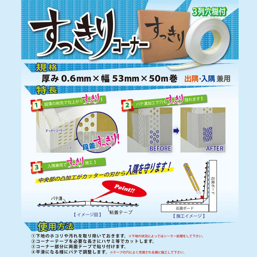 ニットー すっきりコーナー テープ 1巻 3列穴糊付 巾 53mm 厚み 0.6mm