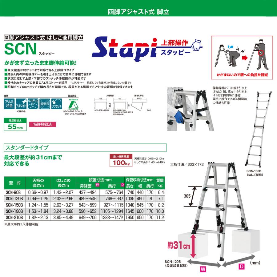 ピカコーポレイション スタッピー 階段用 SCN-45B 階段使用時 天板の高さ 1.53〜1.97m 1台 四脚アジャスト式 はしご兼用脚立 上部操作脚伸縮 Stapi_5
