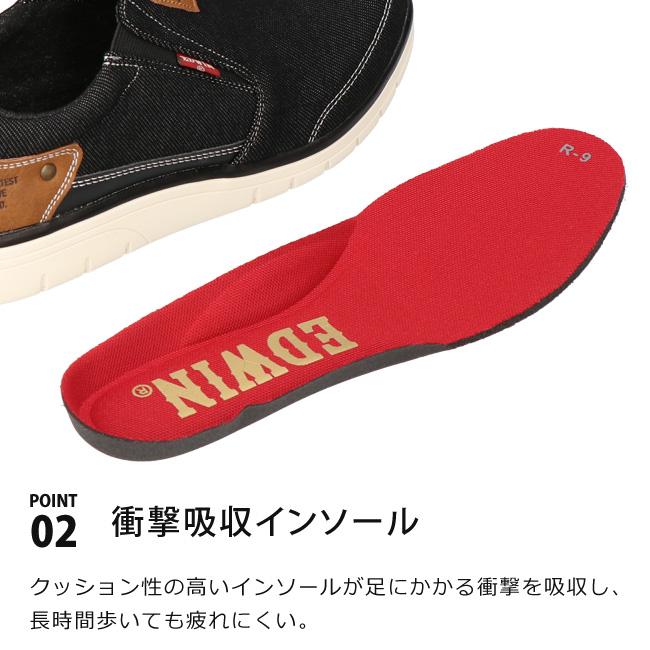 EDWIN（エドウィン） スリッポン メンズ 4E 幅広 甲高 デニム 黒 歩き