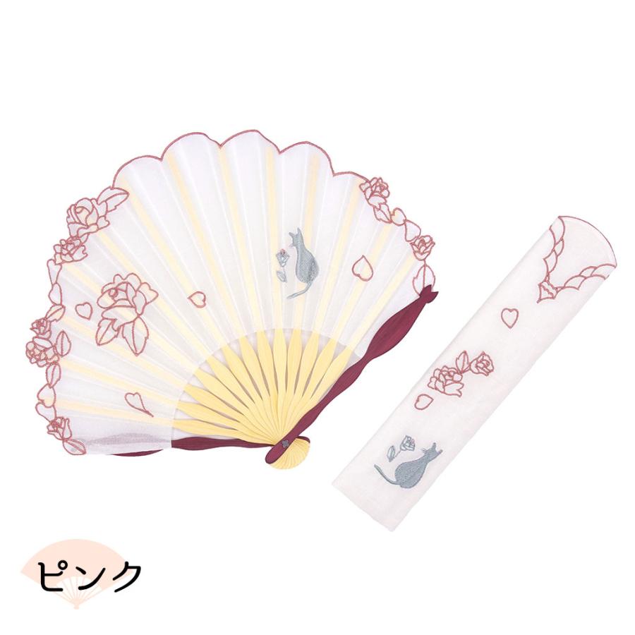 白竹堂 扇子 レディース 猫 レース 刺繍 薔薇 花 おしゃれ かわいい
