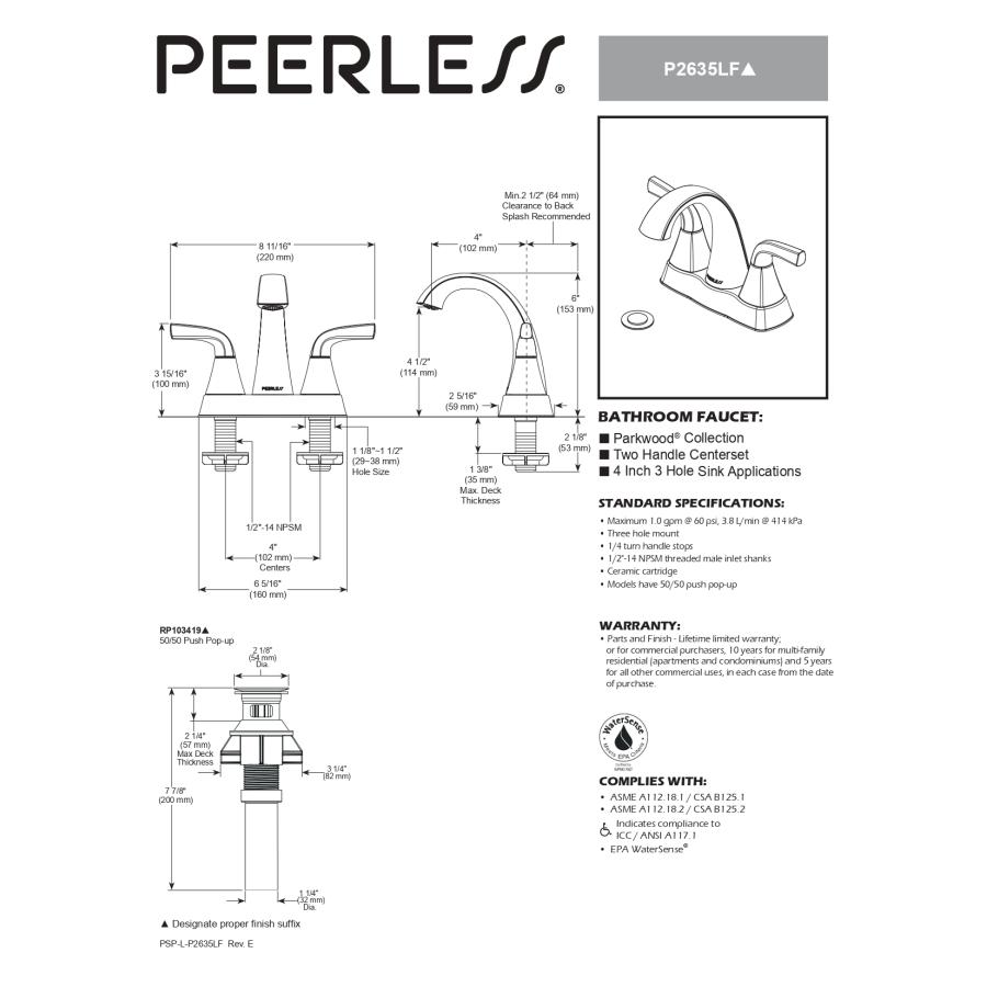 PEERLESS 洗面 水栓 2ハンドル 3穴用 4インチ 混合水栓 蛇口 交換 リフォーム DIY おしゃれ ピアレス パークウッド クローム P2635LF_2