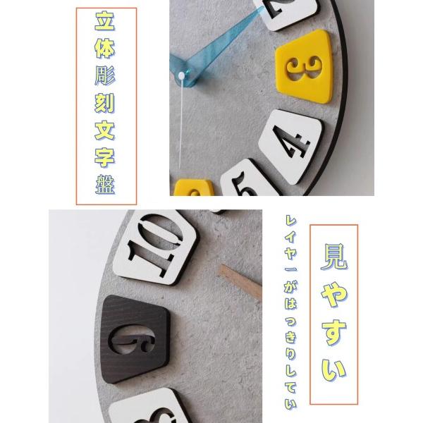 Mermbe 掛け時計 欧米風 人気 静音 壁掛け 時計 円形 3D立体数字 見やすい 灰色 木質時計 12インチ(