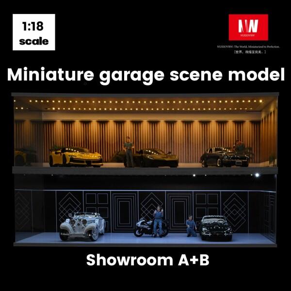 NUEIOVRW 1/64 1/43 1/18 ジオラマ ガレージ 3色調光LED照明付き