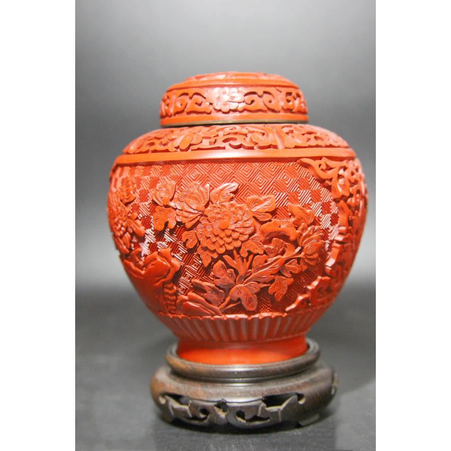 聴雲＞ 堆朱 置物 花図 煎茶道具 壺 中国古玩 古美術品 骨董品 m-77 