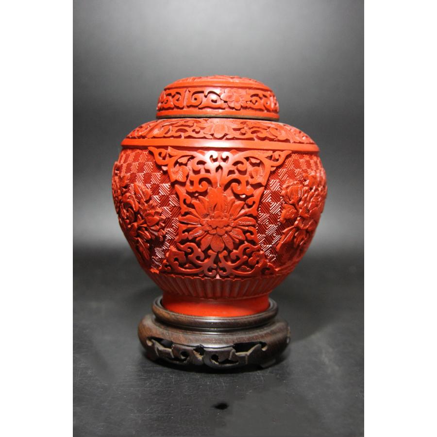＜聴雲＞ 堆朱 置物 花図 煎茶道具 壺 中国古玩 古美術品 骨董品 m-77の画像