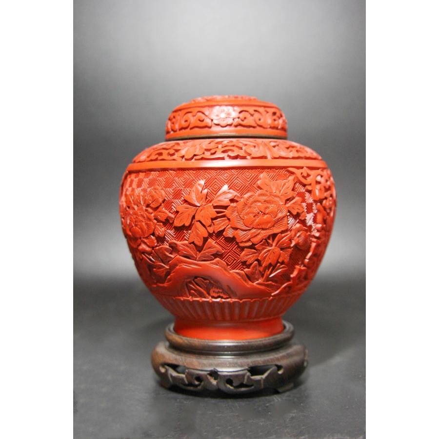 ＜聴雲＞ 堆朱 置物 花図 煎茶道具 壺 中国古玩 古美術品 骨董品 m-77の画像