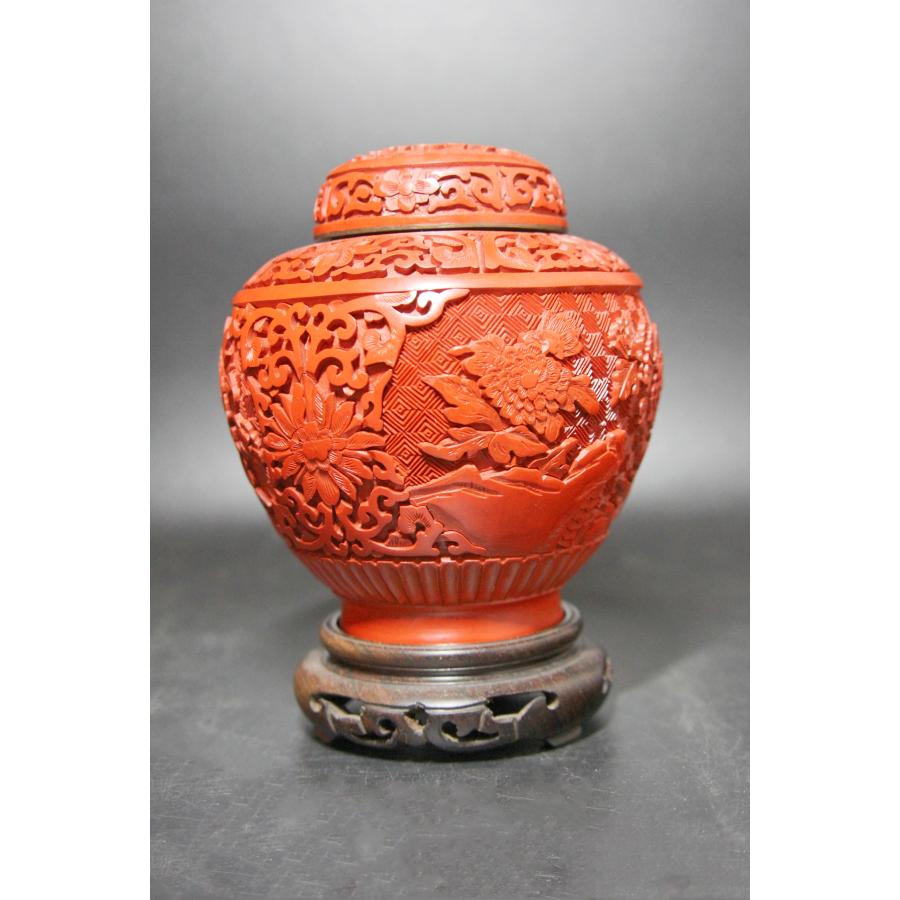 ＜聴雲＞ 堆朱 置物 花図 煎茶道具 壺 中国古玩 古美術品 骨董品 m-77の画像