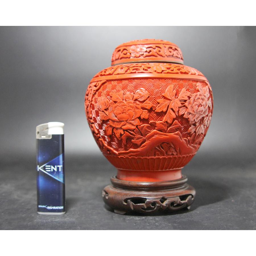＜聴雲＞ 堆朱 置物 花図 煎茶道具 壺 中国古玩 古美術品 骨董品 m-77の画像