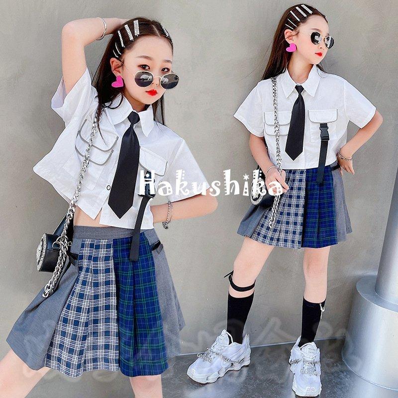 キッズ ダンス 衣装 ヒップホップ へそ出し ショート丈 シャツ ブラウス プリーツスカート 上下2点セット セットアップ 韓国子供服 Jk 制服 演出会 応援団 新登場