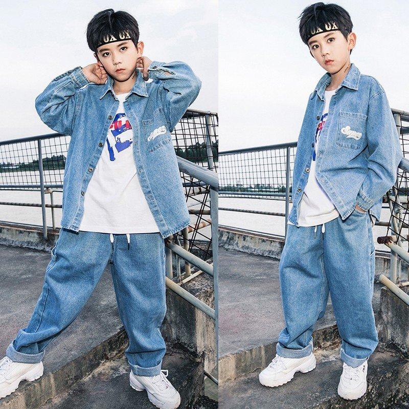 0円 22秋冬新作 デニムシャツ ダンス衣装 セットアップ 男の子 女の子 トップス ガールズ ジャッズ ヒップホップ デニムパンツ ジーンズ キッズ ダンスウェア Hiphop