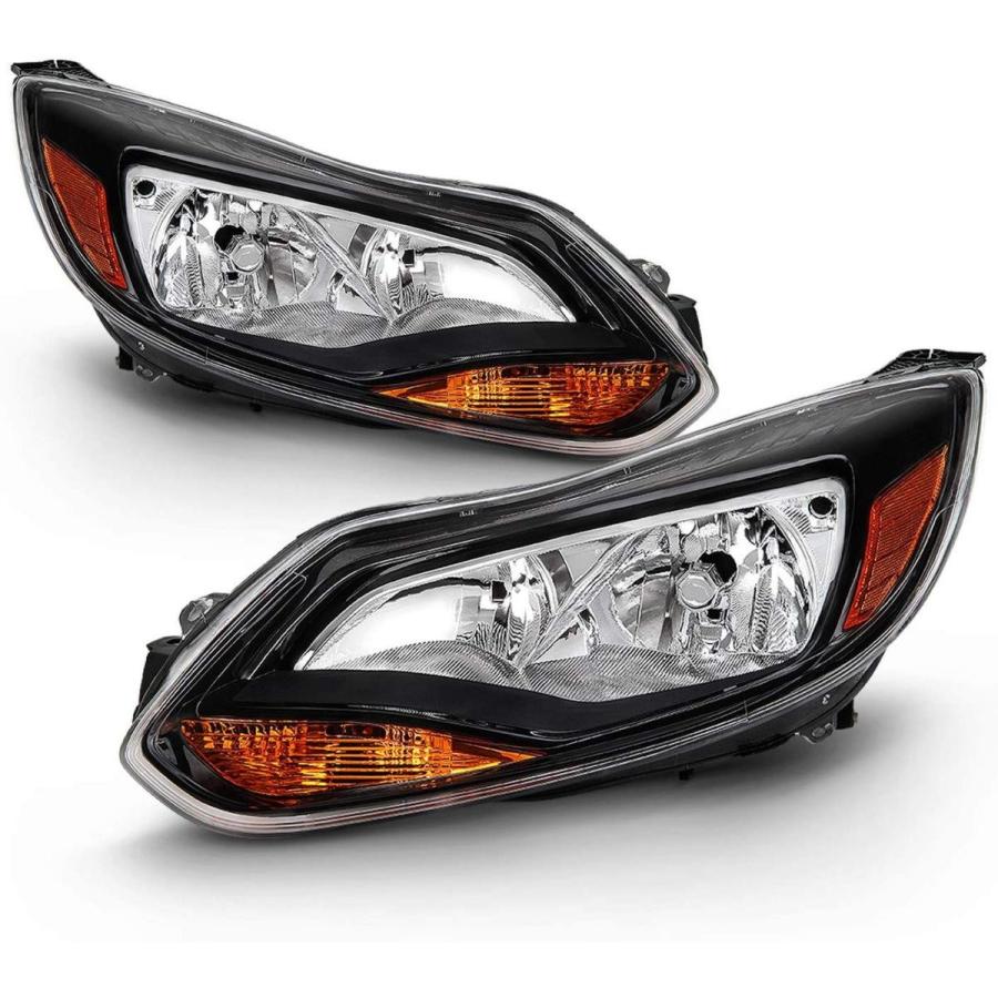 New Pair Compatible With 2012-2014 Ford Focus Headlights Head Lamps Left+Right/Driver+Passenger Chrome Housing Trim（Halogen Type） 