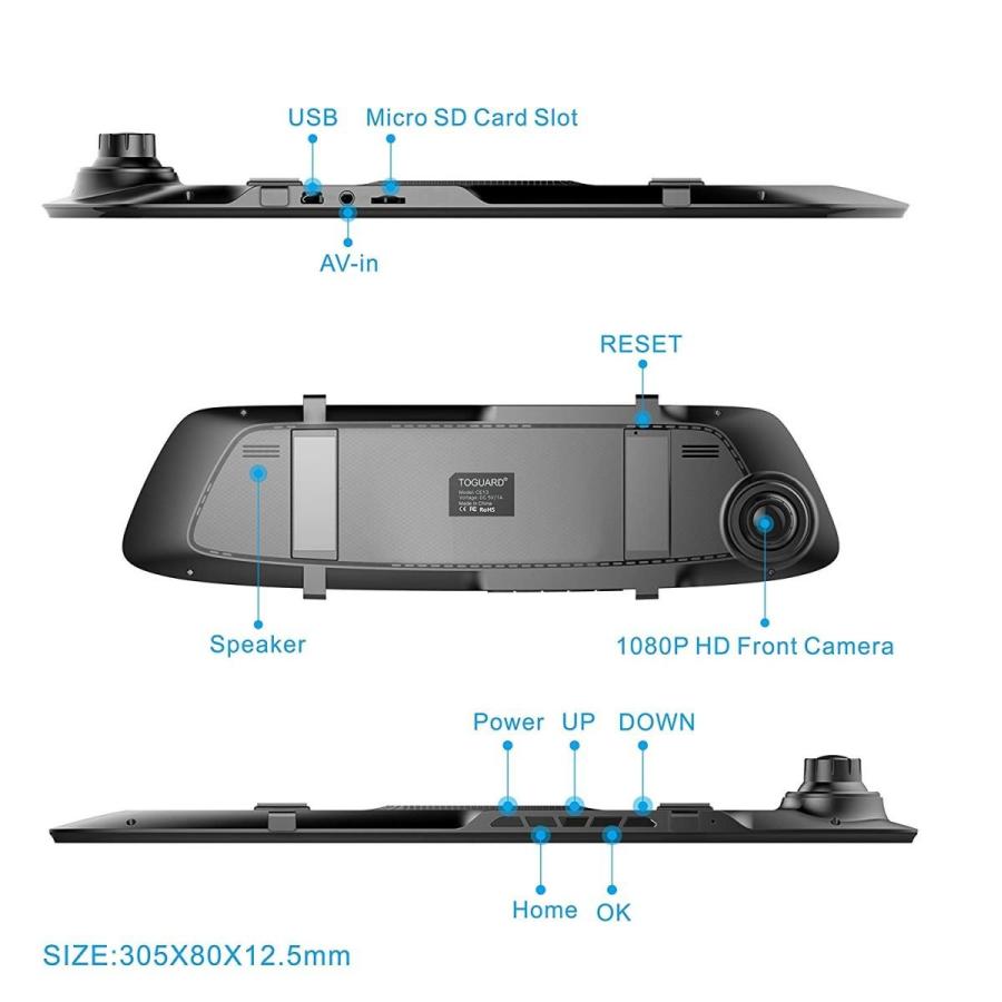 TOGUARD Backup Camera 4.3" Mirror Dash Cam 1080P Touch Screen Front an｜hal-proshop2｜08