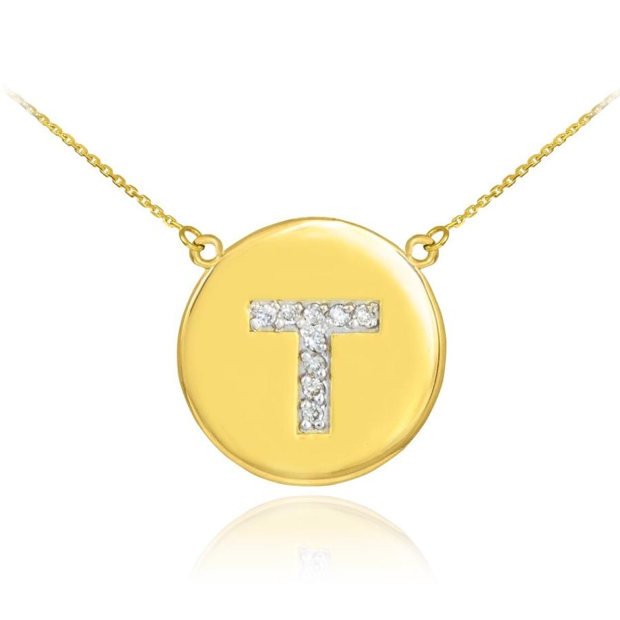 Fine 14k Yellow Gold Letter T Diamond Disc Initial Necklace (16 Inches