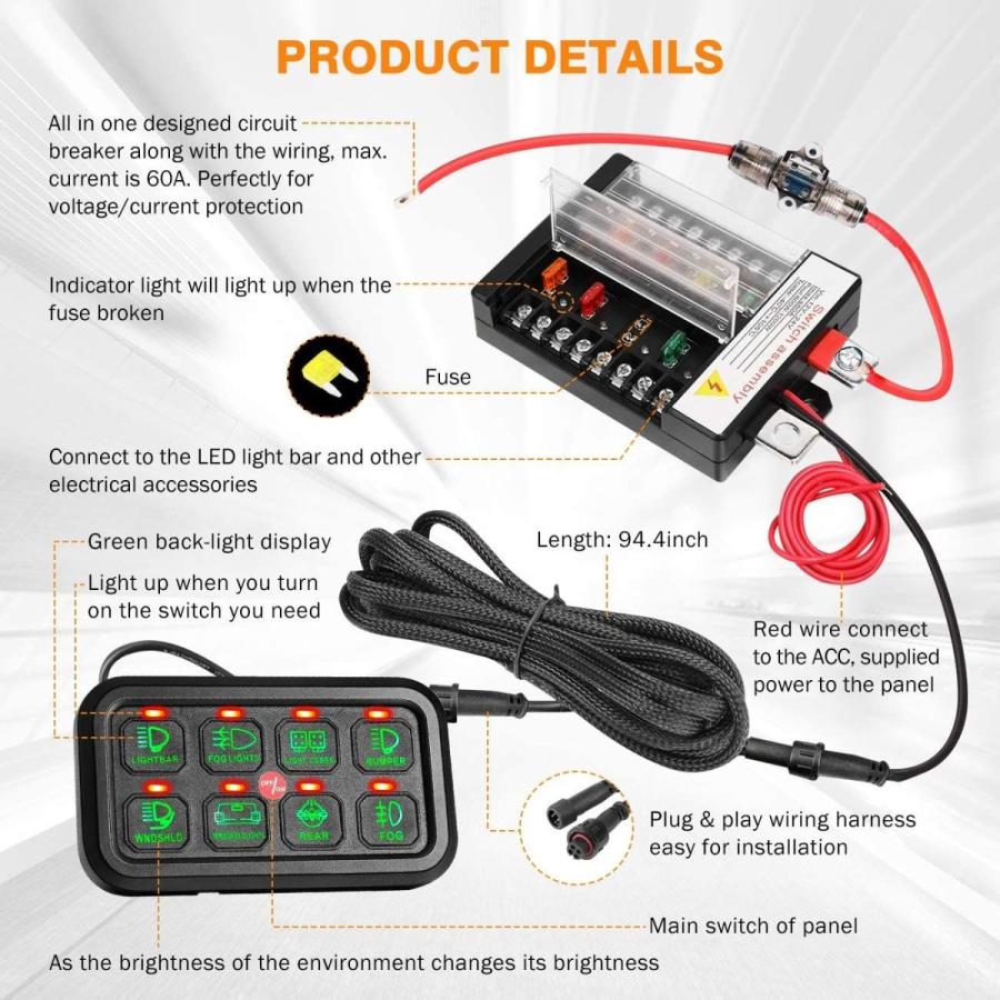Auxbeam 8 Gang Switch Panel Automatic Dimmable LED On-Off Car Switch P     商品情報    AUXBeam 8ギャングスイッチパネルの自動調光対応LEDオンオフカースイッチP