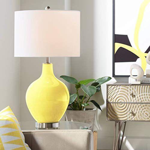 Modern Table Lamp Lemon Twist Yellow Glass OVO White Linen Drum Shade