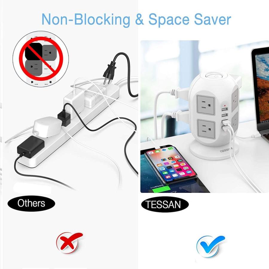 直販安い Power Strip Tower TESSAN Surge Protector 8 AC Outlets 4 USB Ports， Lon