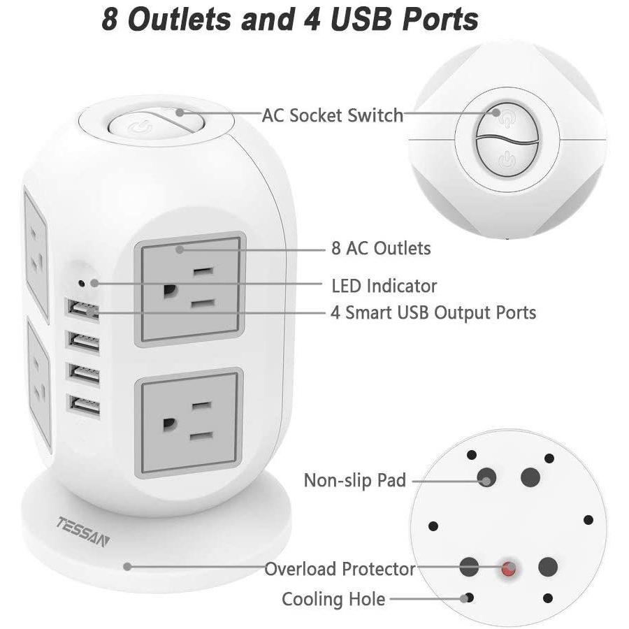 直販安い Power Strip Tower TESSAN Surge Protector 8 AC Outlets 4 USB Ports， Lon