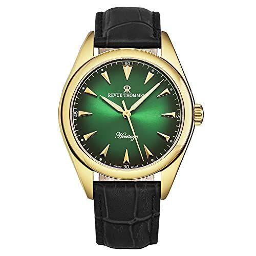 Revue Thommen Mens Heritage Green Dial Black Leather Strap Automati Mens Thommen Revue Green Strap Heritage Black Leather Automati Dial