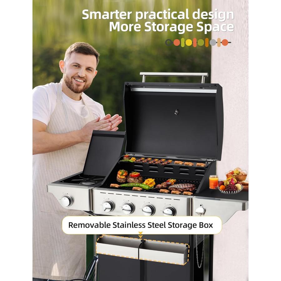 4-Burner Gas BBQ Grill w/Removable Storage Boxes & Side Burner,42,000 BTU Stainless Steel Grill Barbecue Outdoor, Portable Gas Grill Propane : s-d8w9qml5 : HALプロショップ2 - 通販 - Yahoo!ショッピング 4-Burner Gas BBQ Grill w/Removable Storage Boxes & Side Burner,42,000 BTU Stainless Steel Grill Barbecue Outdoor, Portable Gas Grill Propane : s-d8w9qml5 : HALプロショップ2 - 通販 - Yahoo!ショッピング