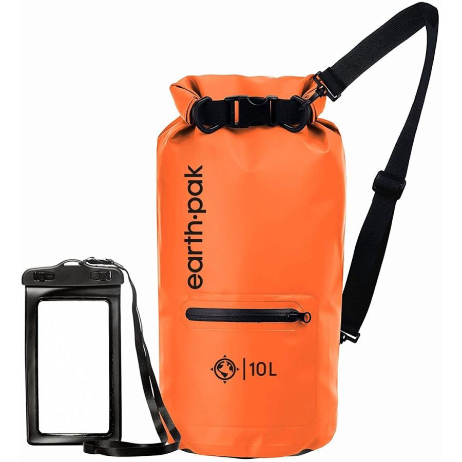 海外最新 Earth Pak防水ドライバッグ（フロントジッパーポケット付き）-軽量で耐久性があり、水泳/キャンプ/ハイキング/釣り/ボート/ビーチ/カヤックに最適 10L オレンジ その他テニス用品