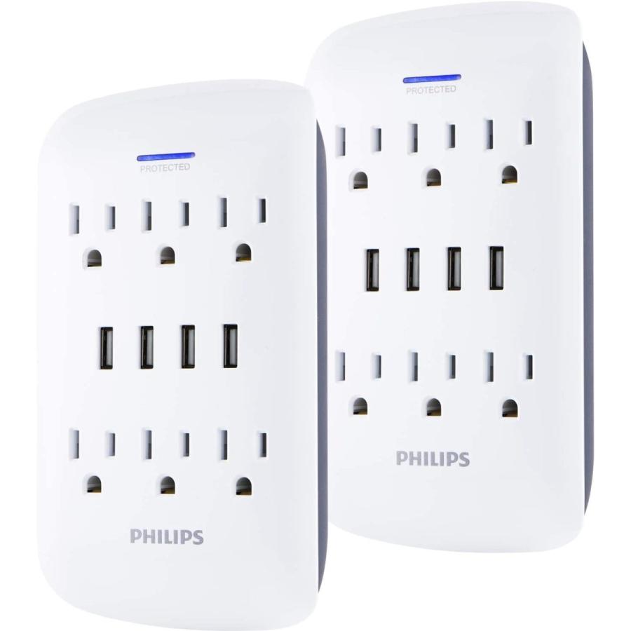 Philips 6-Outlet Extender with 4-USB Port Surge Protector  2 Pack  Charging Station  900 Joules  Grounded Power Adapter  Indicator Light  3-Prong  4.