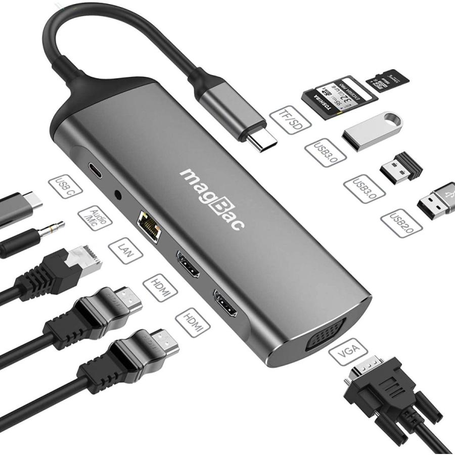 USB Cハブ、ノートパソコンドッキングステーション、MagBac 11in-1アダプター、ギガビットイーサネット、デュアル4K HDMI、VGA、USB3.0、マイクロSD TFカードリ