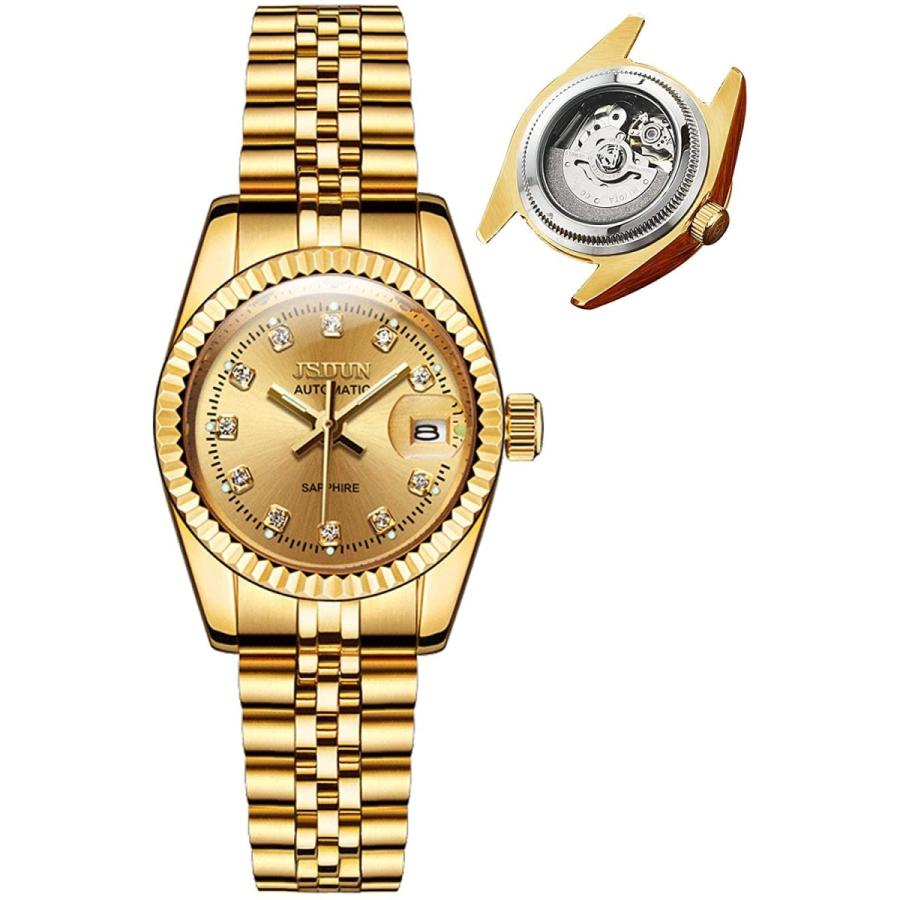売れ筋新商品 JSDUN レディース 自動腕時計 ゴールドとシルバートーン ラグジュアリー 機械式 自動巻き腕時計  日付を拡大するウィンドウサファイアミラー レディースゴールド