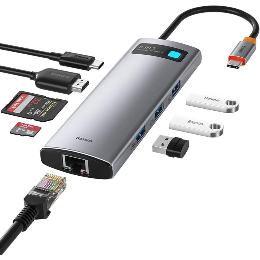 Baseus USB C ハブ ドッキングステーション 8-in-1 USB C ハブ アダプター 4K HDMI USB 3.0 TF SDカードリーダー 100W電源 MacBook Pro Surface Pro iPad Pro