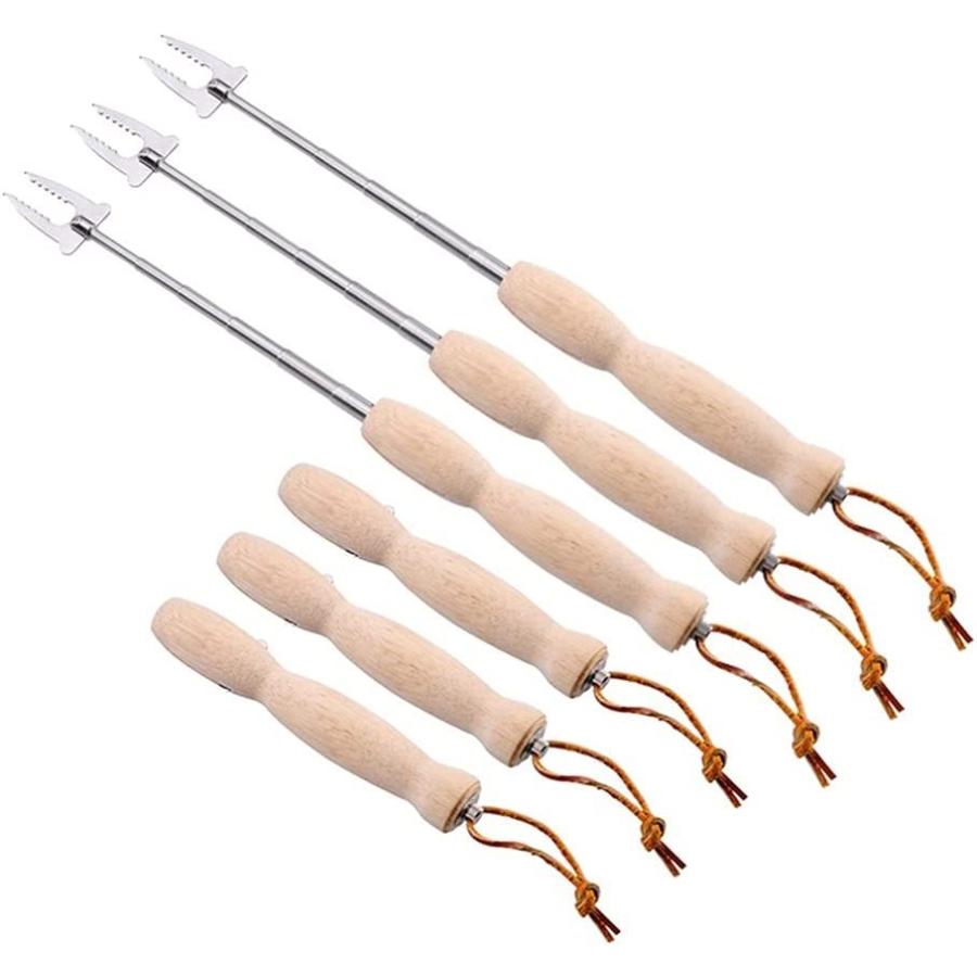 6 Pieces Grill Skewers Stainless Steel Wooden Handle Telescopic