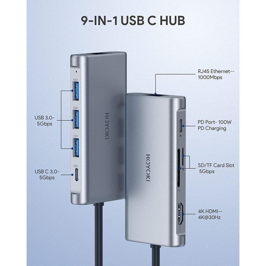 HOYOKI USB Cハブアダプター 9イン1 USB Cアダプター Type Cアダプター イーサネット1000Mbpss 4K HDMI 3 USB 3.0 USB-Cデータポート 5Gbpss 100W PDサンダーボ USB Cアダプター Type HDMI 100W Cハブアダプター 9イン1 イーサネット1000Mbpss 4K Cデータポート 5Gbpss Hub