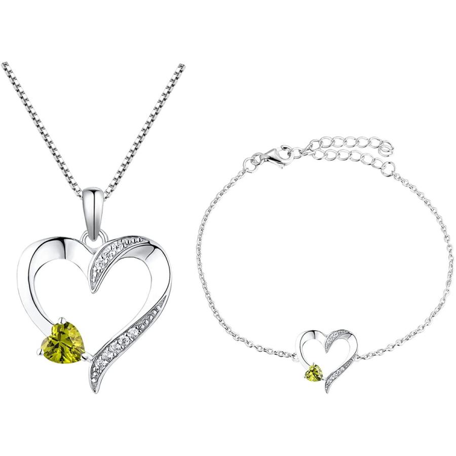 お歳暮 YL Heart Pendant Necklace 925 Sterling Silver Love Heart Bracelet Created Peridot Jewelry Set for Women　並行輸入品 その他レディースアクセサリー