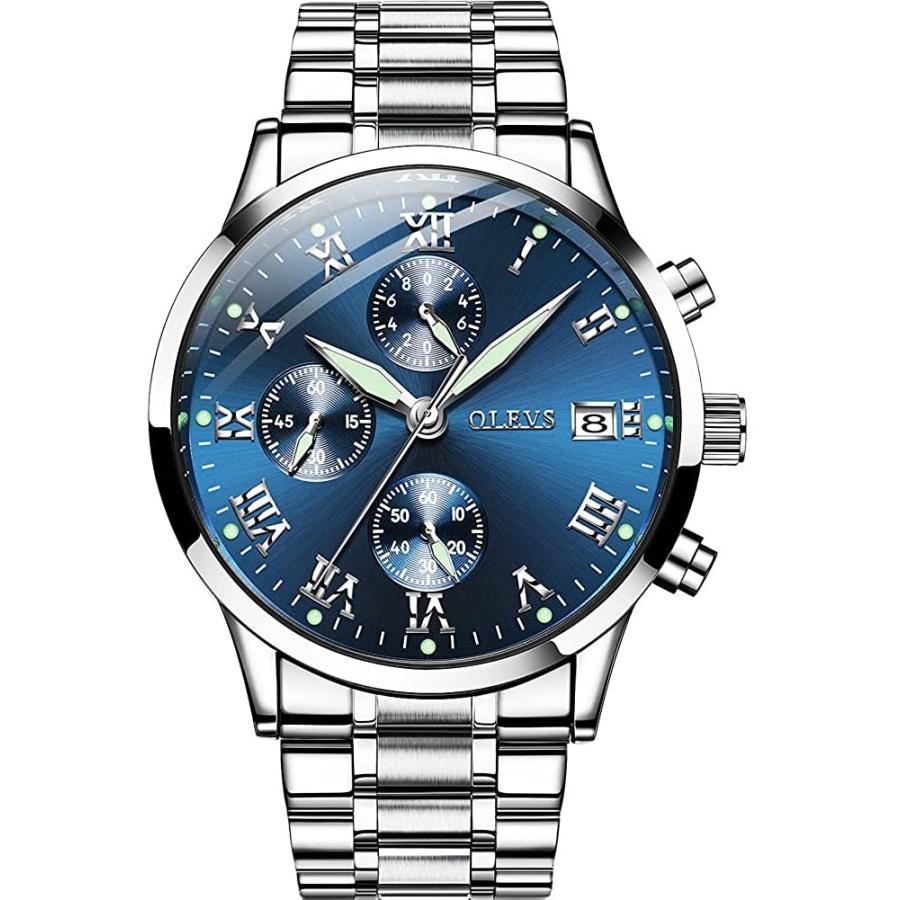 OLEVS Mens Watch Multi-Function Quartz Analog Waterproof Chronograph Watches for Men (Silver Band and Blue Face)　並行輸入品