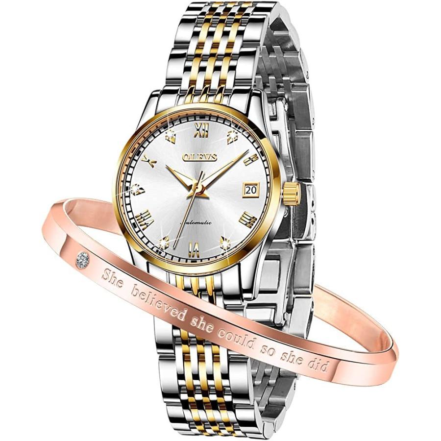 値引きする OLEVS Women Watch Automatic Self Winding Luxury Watches for Womens Solid Stainless Steel Luminous Waterproof Ladies Bracelet Wrist Watch Gift (Analog その他メンズアクセサリー