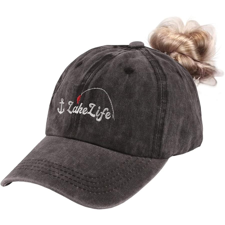 大特価放出！ Low Distressed Ponytail Women Cap Baseball Life Lake Embroidered CEDY Profile Black　並行輸入品 Size One Adjustable Hat Dad キャップ
