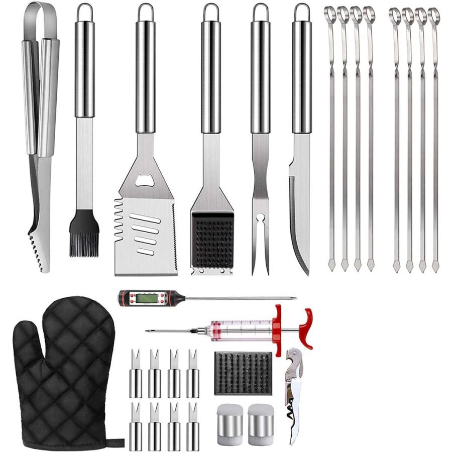 HUIXINLIANG BBQ Grill Tools Set 30 PCS BBQ Accessories Tools Set with Thermometer and Meat Syringe Stainless Steel Grilling Kit for Camping  Travel