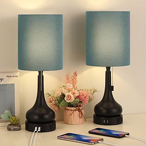 Table Lamps with USB Port Modern Bedside Desk Lamp Set of 2 Small Nigh