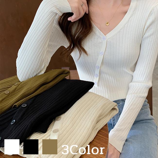 Vネックリブニットトップス | 