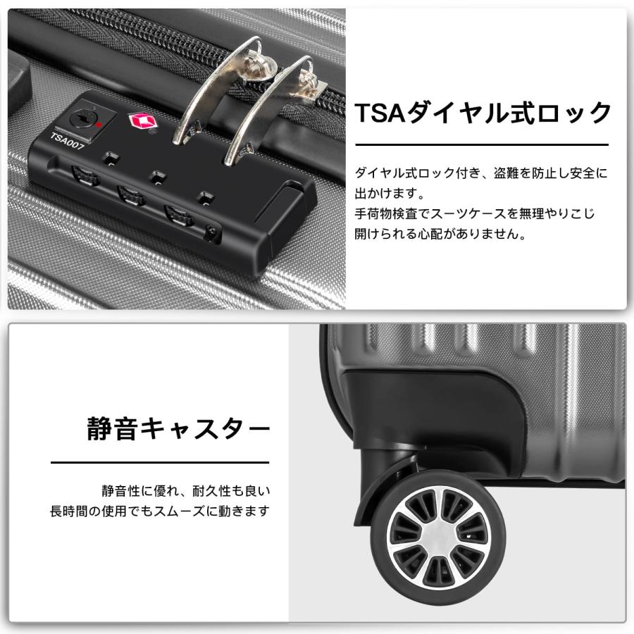 スーツケース Mサイズ 軽量 静音 キャリーケース ダブルキャスター ファスナー TSAロック ハードケース 旅行 出張 海外 国内 バッグ 20代 30代 40代 50代の画像