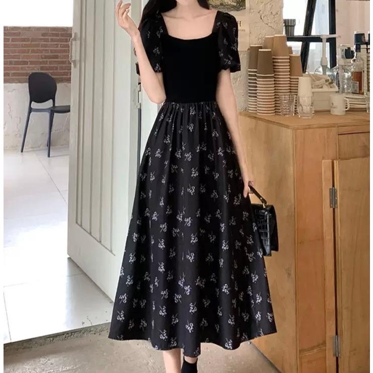 花柄 バブルスリーブ ロング丈 半袖 上品 ワンピース きれいめ シンプル キュート 可愛い お洒落 Op 0238 超爆安