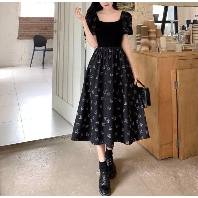 花柄 バブルスリーブ ロング丈 半袖 上品 ワンピース きれいめ シンプル キュート 可愛い お洒落 Op 0238 超爆安