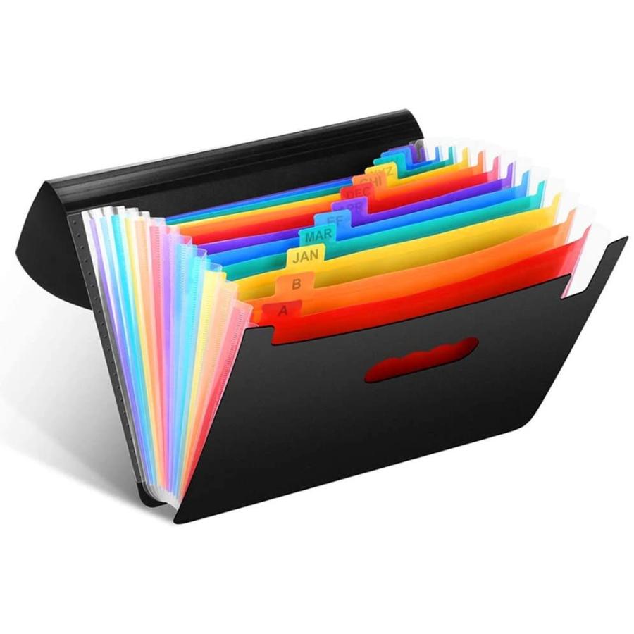 ファイルボックス A4 12分類 書類収納ケース 拡張フォルダ 大容量 蓋付き ラベル付き ブラック